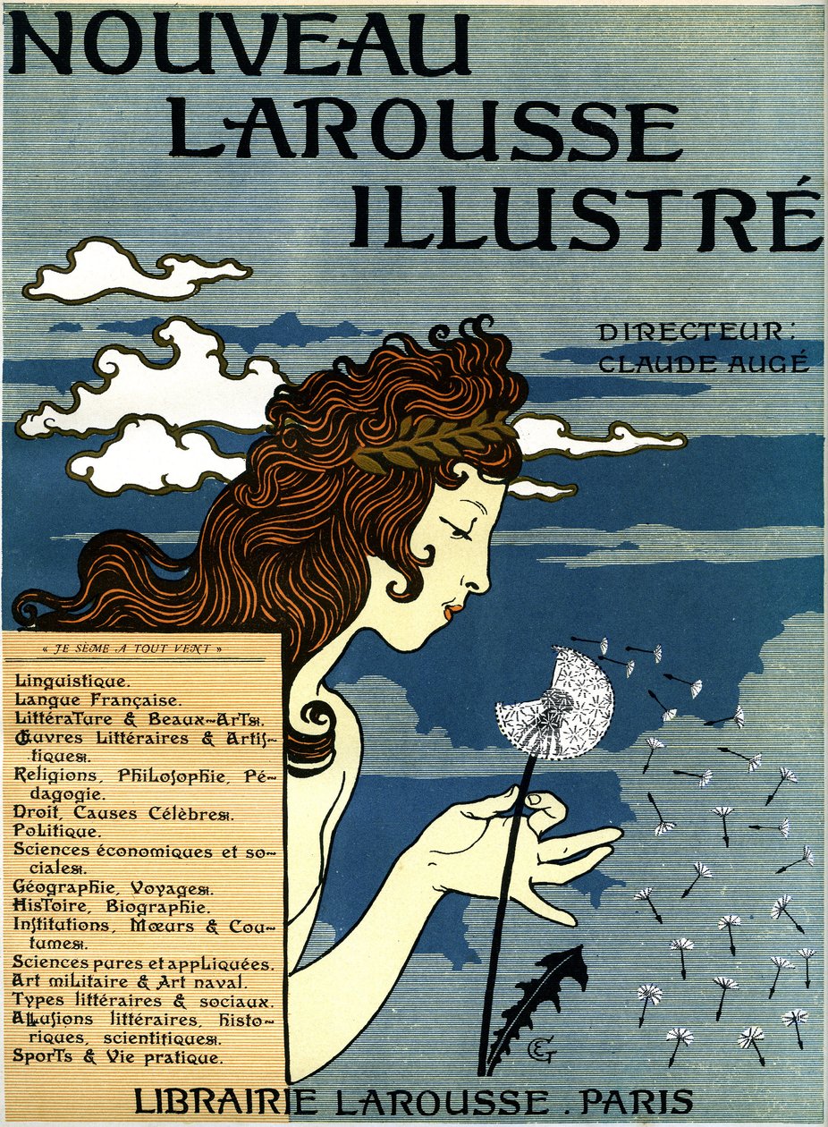 Nouveau Larousse şanlı kitabının ilk sayfası (1897 ve 1904 arasında yayınlanan yedi ciltlik sözlük (gravür) by Eugene Grasset