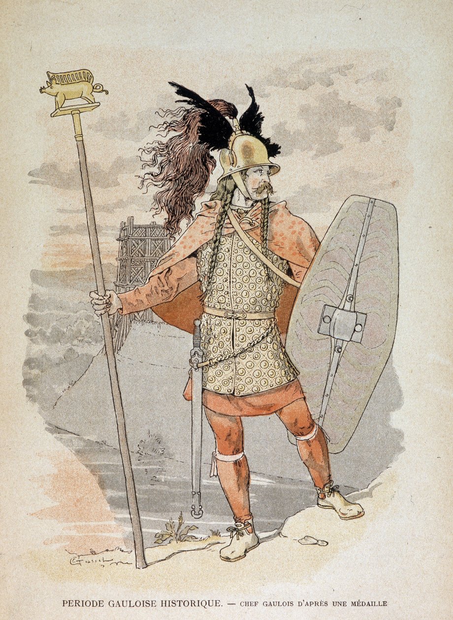 Galya lideri (madalyadan sonra): bir “” pankart””””” bir yaban domuzu dekoru öğretir - “” Şanlı Öğretim Cahiers, Bronz Çağı ve Galya Çağı Savaş Kostümleri””, ed Grasset by Eugene Grasset