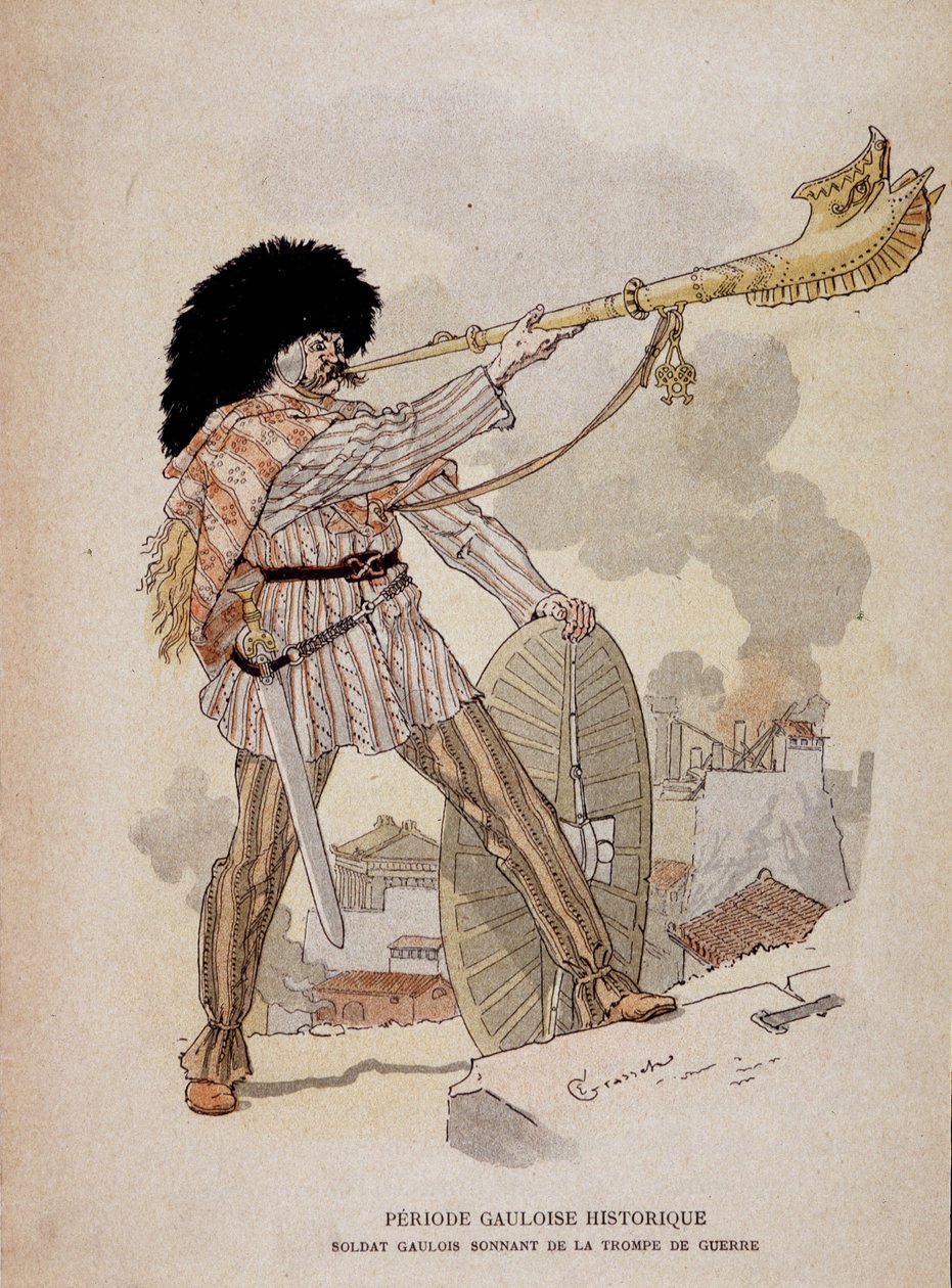 Galyalı asker savaş borusundan (carnyx) ses çıkarıyor - “” Şanlı Öğretim Cahiers, Bronz Çağı ve Galya Çağı Savaş Kostümleri””, ed Grasset by Eugene Grasset
