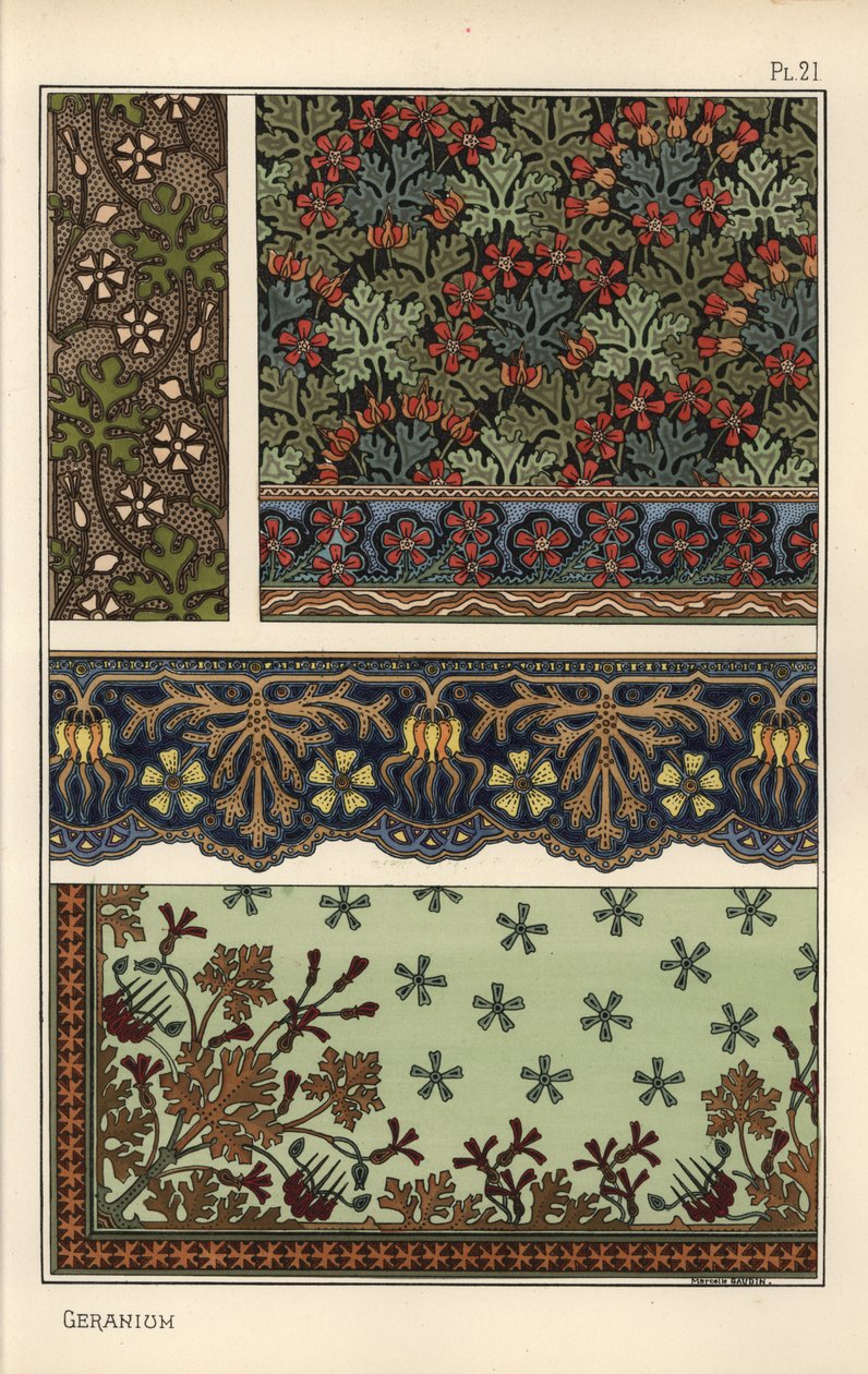 Duvar kağıdı, bordür ve kumaş desenlerinde sardunya motifi by Eugene Grasset