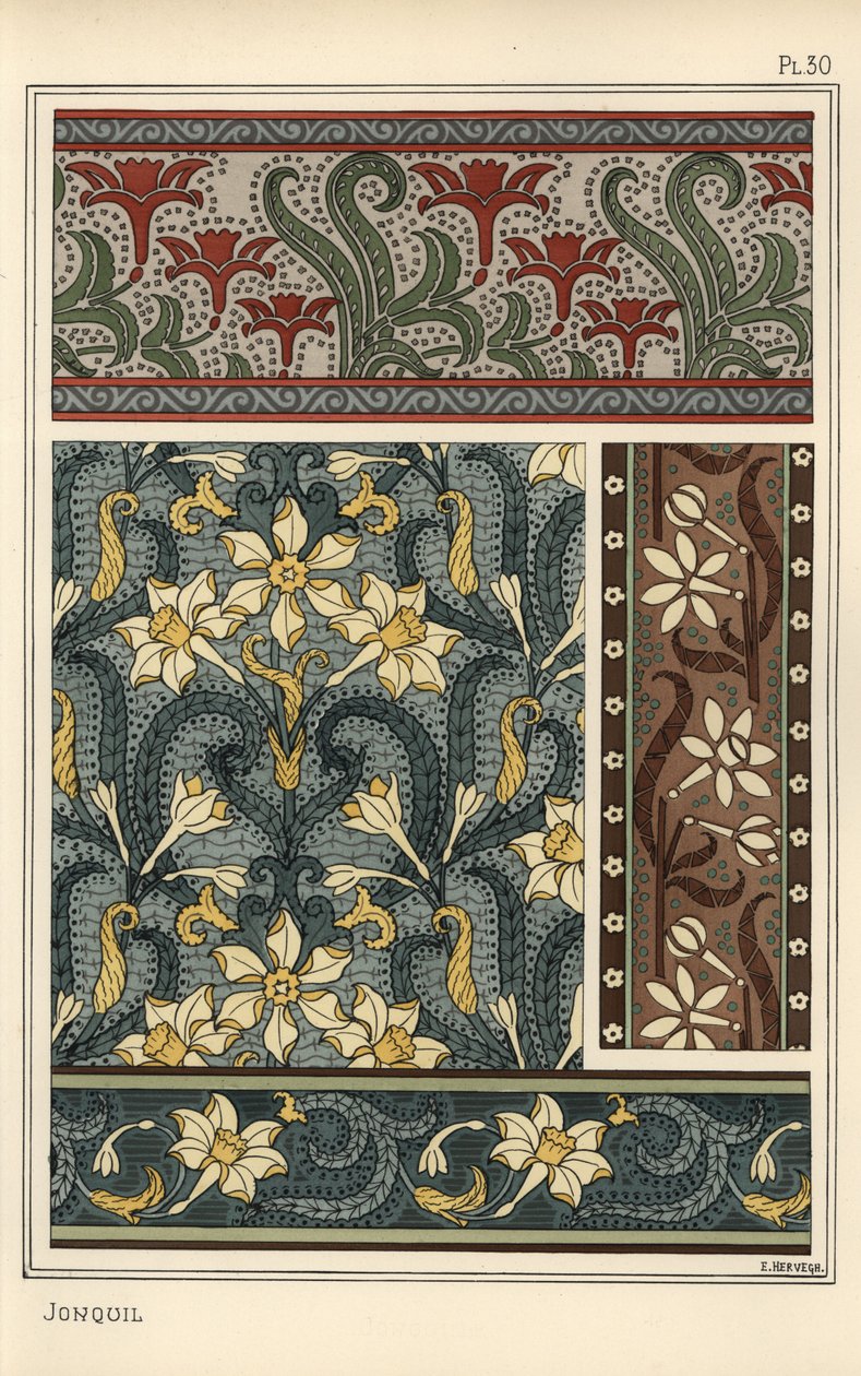 Duvar kağıdı ve kumaş desenlerinde tasarım motifi olarak Jonquil, Narcissus jonquilla by Eugene Grasset