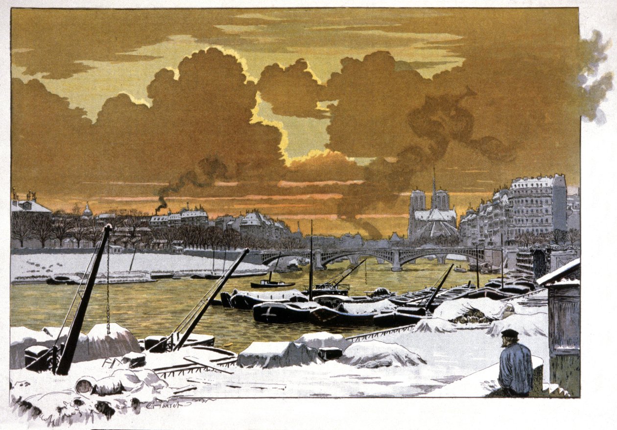 Paris, Pont de Sully'de kar altında mavnalar, 1905 dolayları by Eugene Grasset