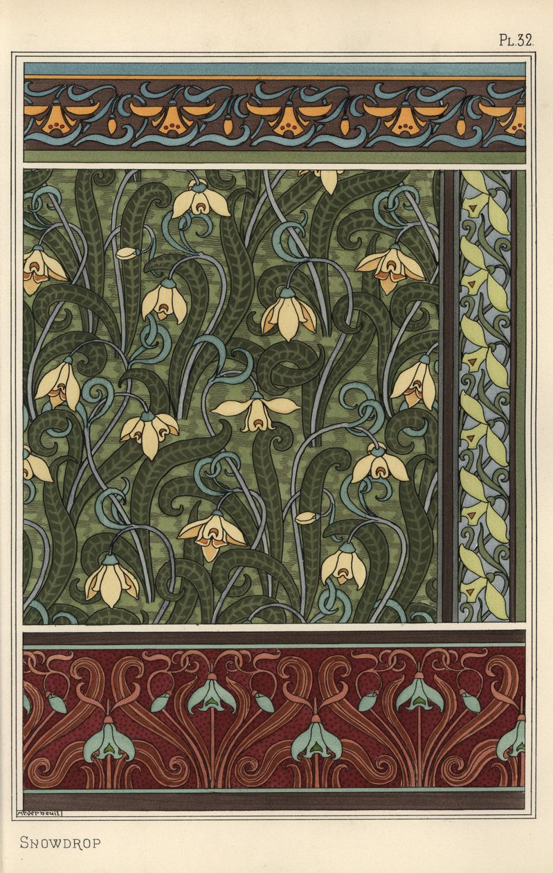 Kardelen, Galanthus nivalis, duvar kağıdı, bordür ve kumaşlarda tasarım motifi olarak by Eugene Grasset