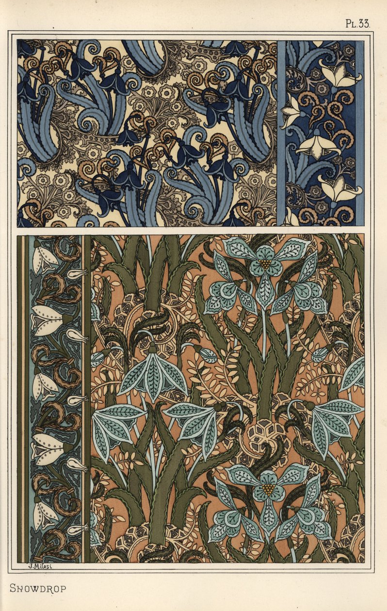 Kardelen, Galanthus nivalis, duvar kağıdı, bordür ve kumaşlarda tasarım motifi olarak by Eugene Grasset