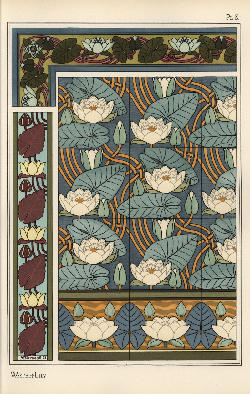 Duvar kağıdı ve fayans desenlerinde nilüfer, Nelumbo lutea by Eugene Grasset