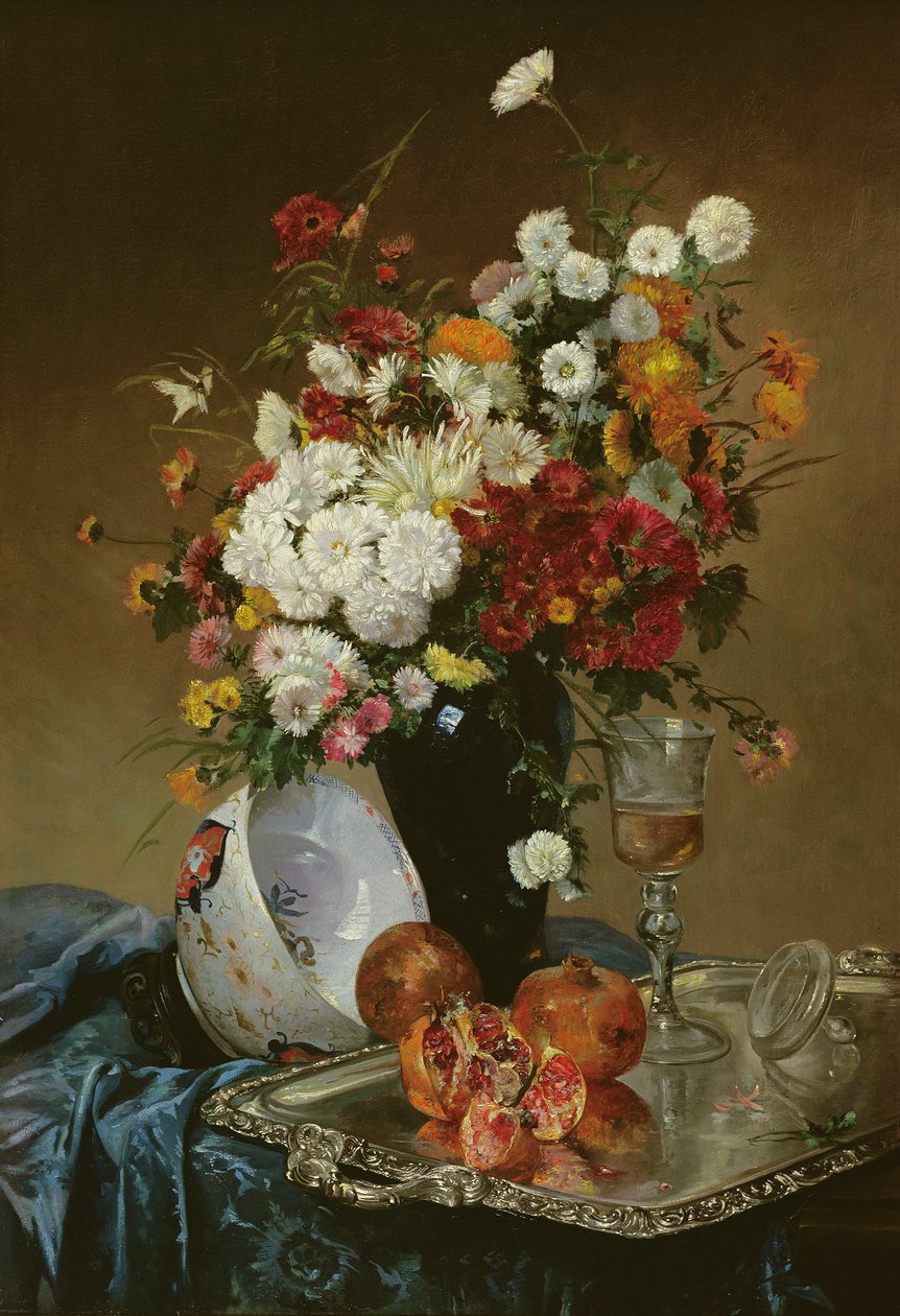 Çiçekler ve Nar ile Natürmort by Eugene Henri Cauchois