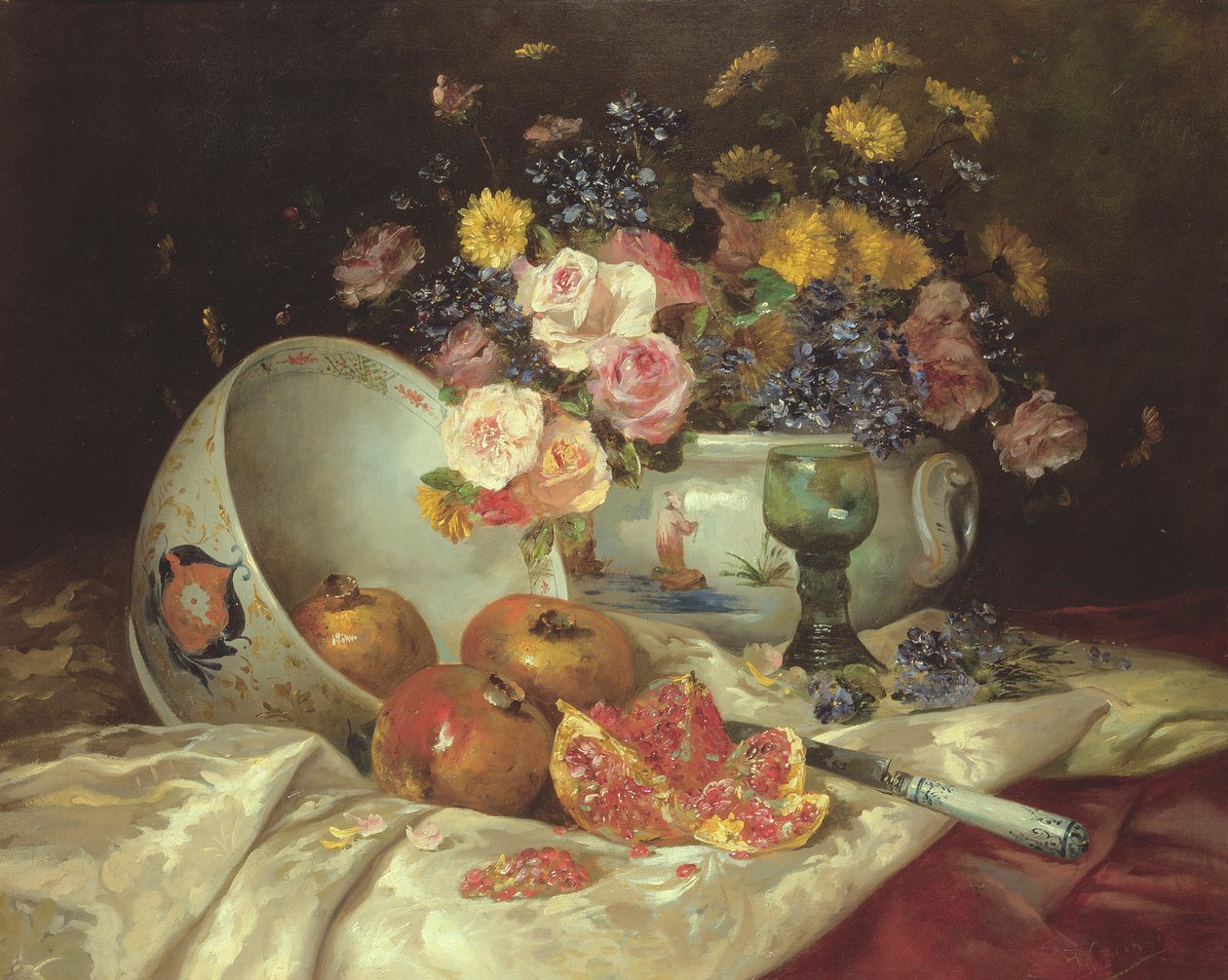 Narlı Çin vazosunda çiçeklerin natürmort by Eugene Henri Cauchois