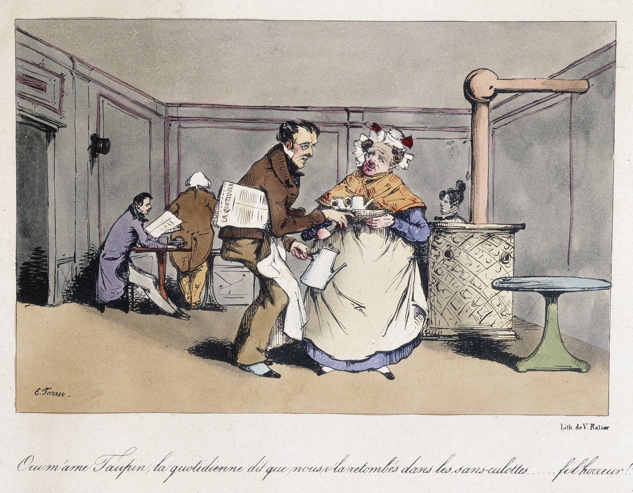 Bir Fransız kafesinde duran orman karikatürü. by Eugene Hippolyte Forest