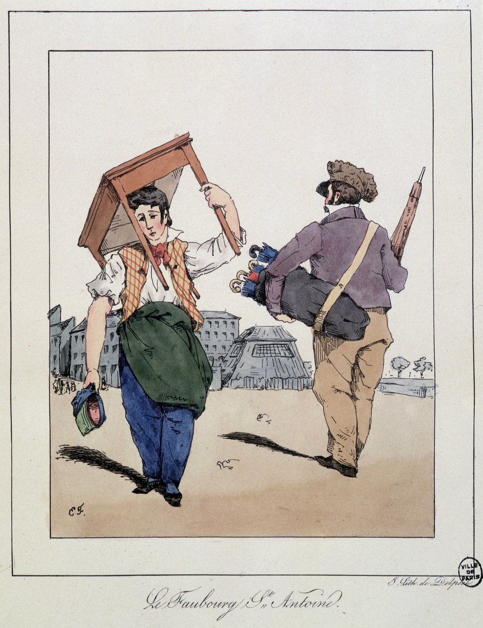 Le faubourg St Antoine: mobilya tamircisi ve yürüyen şemsiye tüccarı - Eugène Forest, ed. Delpech, Paris, v.1830 by Eugene Hippolyte Forest