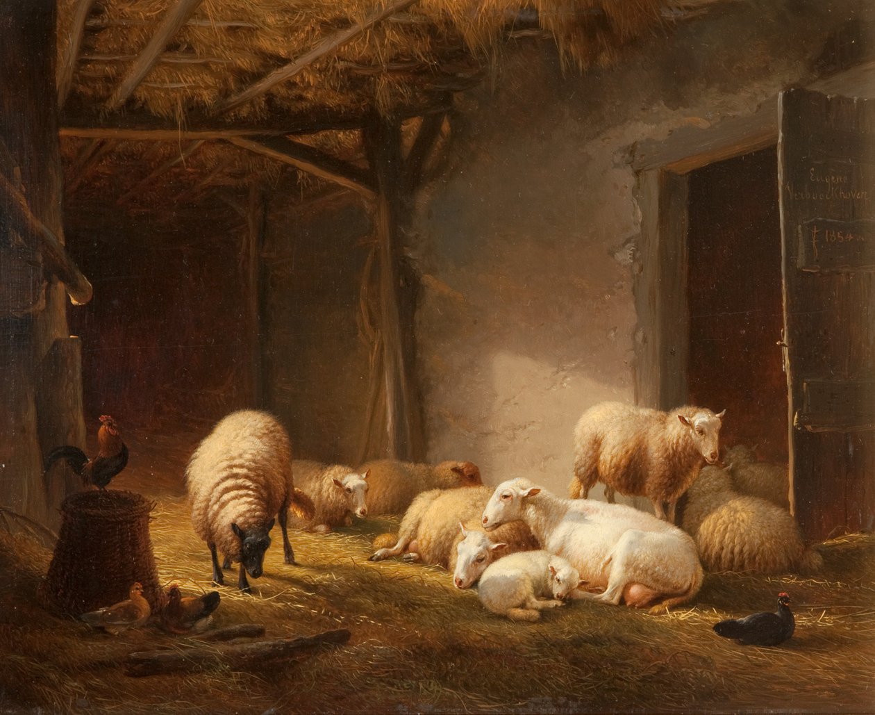 Koyunlar, Kuzular ve Tavuklar ile Güneşli Bir Ahır by Eugene Joseph Verboeckhoven