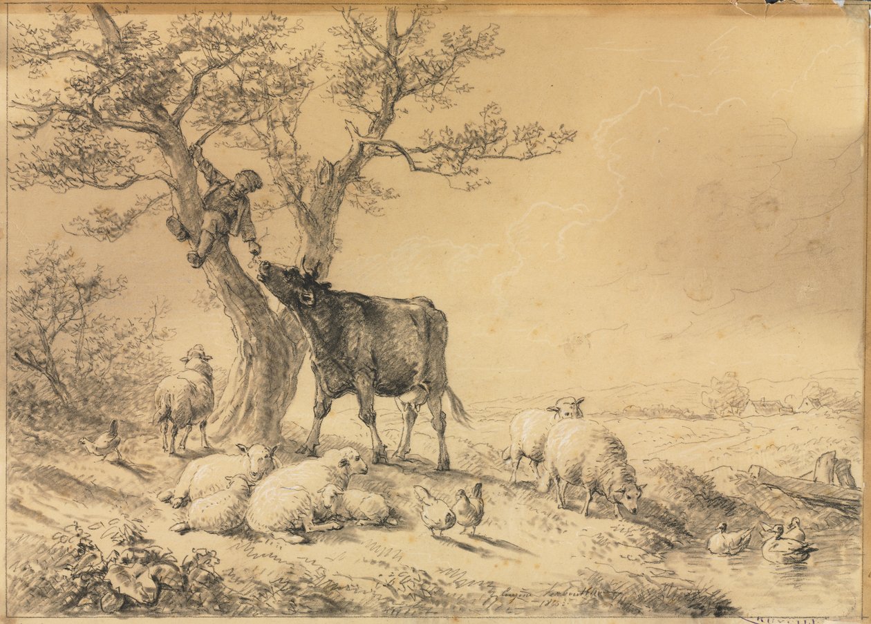 Hayvanlarla ve Ağaçta Çocukla Manzara by Eugene Joseph Verboeckhoven