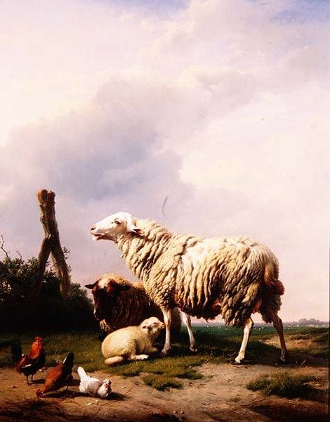 Peyzajda Koyun ve Kümes Hayvanları by Eugene Joseph Verboeckhoven