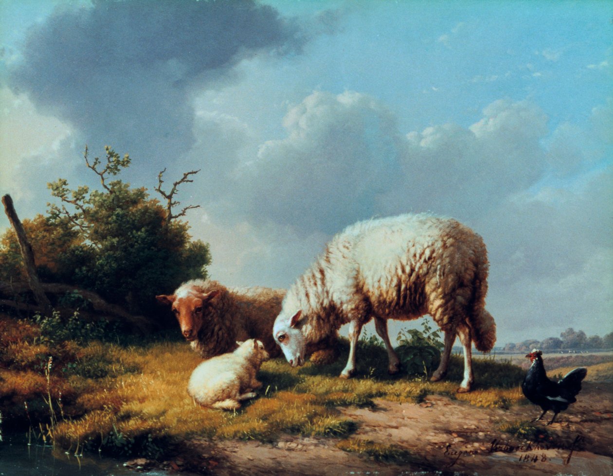 Bir Peyzajda Koyun ve Kümes Hayvanları, 19. yüzyıl. by Eugene Joseph Verboeckhoven