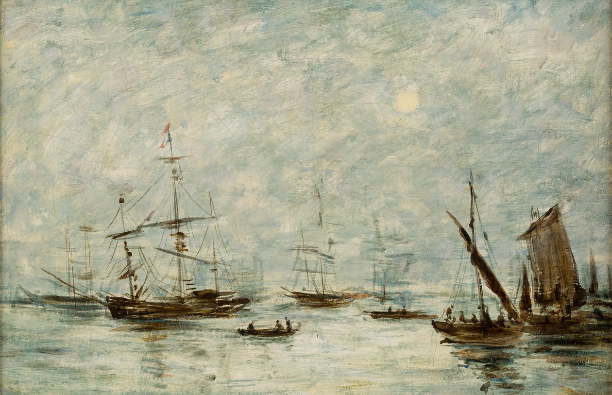 Limanda Demirli Tekneler (tuval üzerine yağlı boya) by Eugene Louis (attr.to) Boudin