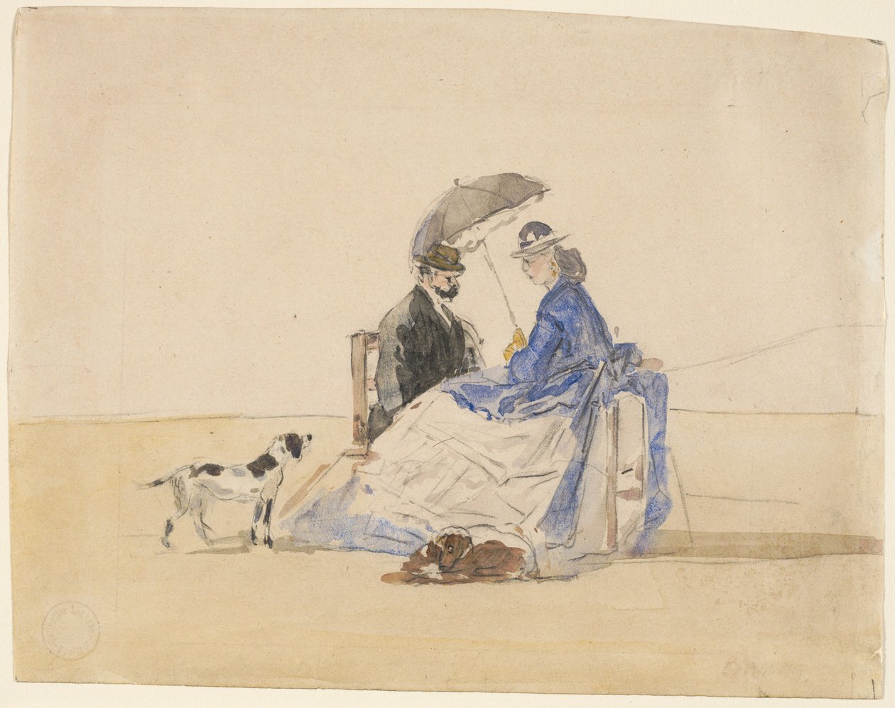Sahilde İki Köpekle Oturan Bir Çift, c. 1865. by Eugene Louis Boudin