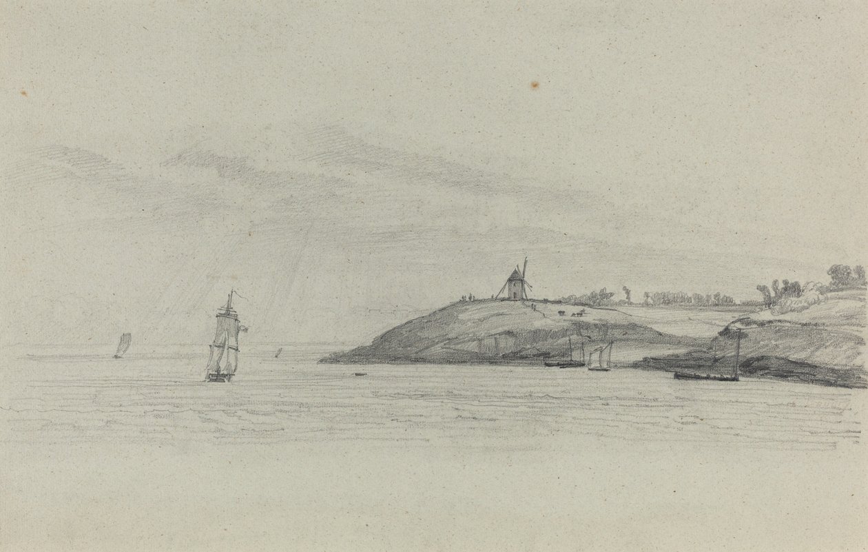 Nakliye ile Kıyı Peyzajı, Mesafede Yel Değirmeni, c. 1858. by Eugene Louis Boudin