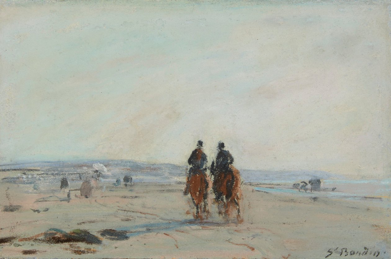 Sahilde İki Atlı, 1864-68 dolayları (kağıda serilmiş kağıt üzerine pastel) by Eugene Louis Boudin