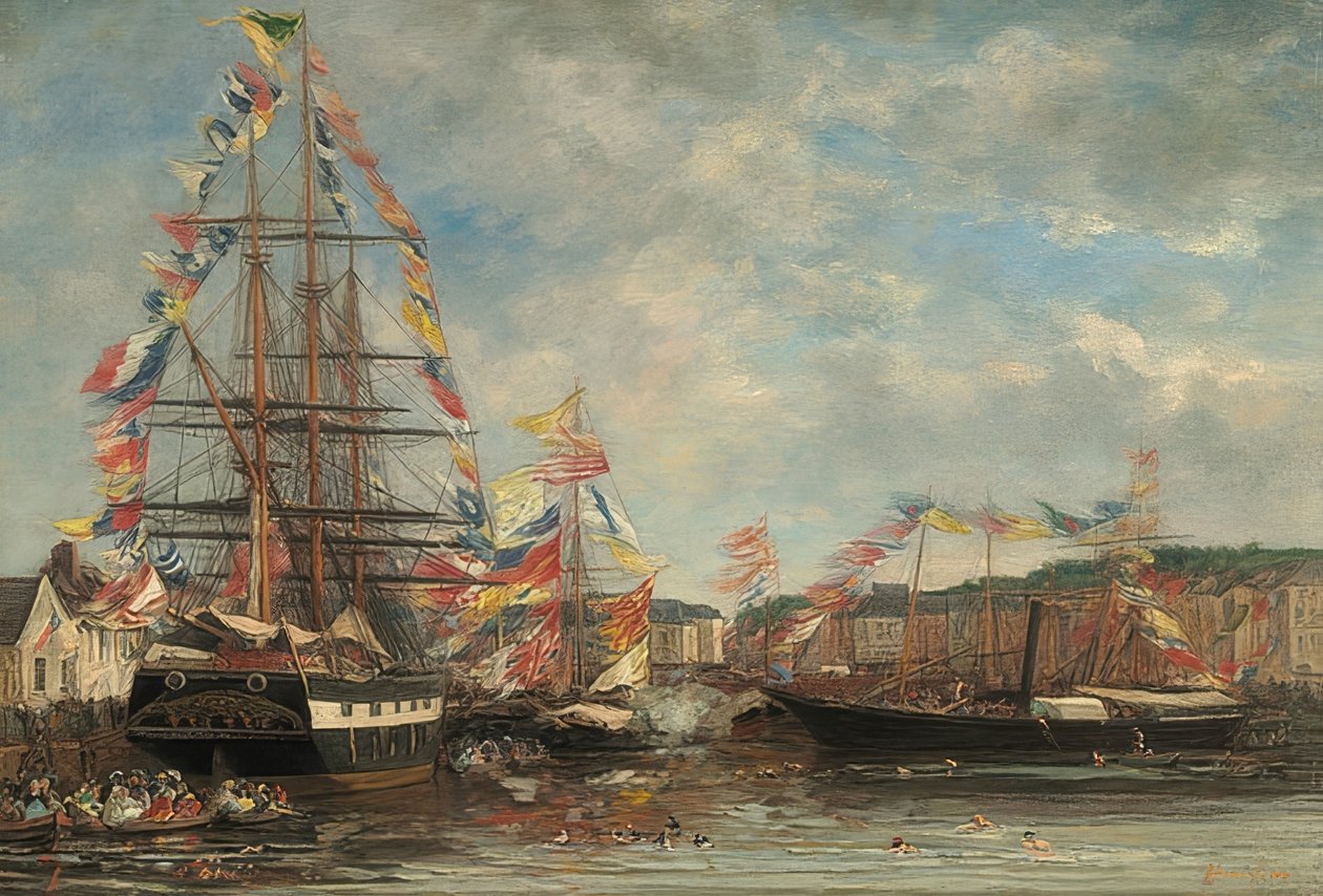 Honfleur limanında festival günü. 1858 by Eugene Louis Boudin