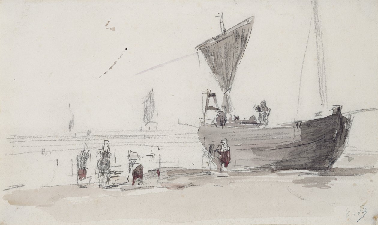Sahilde Balıkçı Teknesi (kağıt üzerine kalem ve wc) by Eugene Louis Boudin
