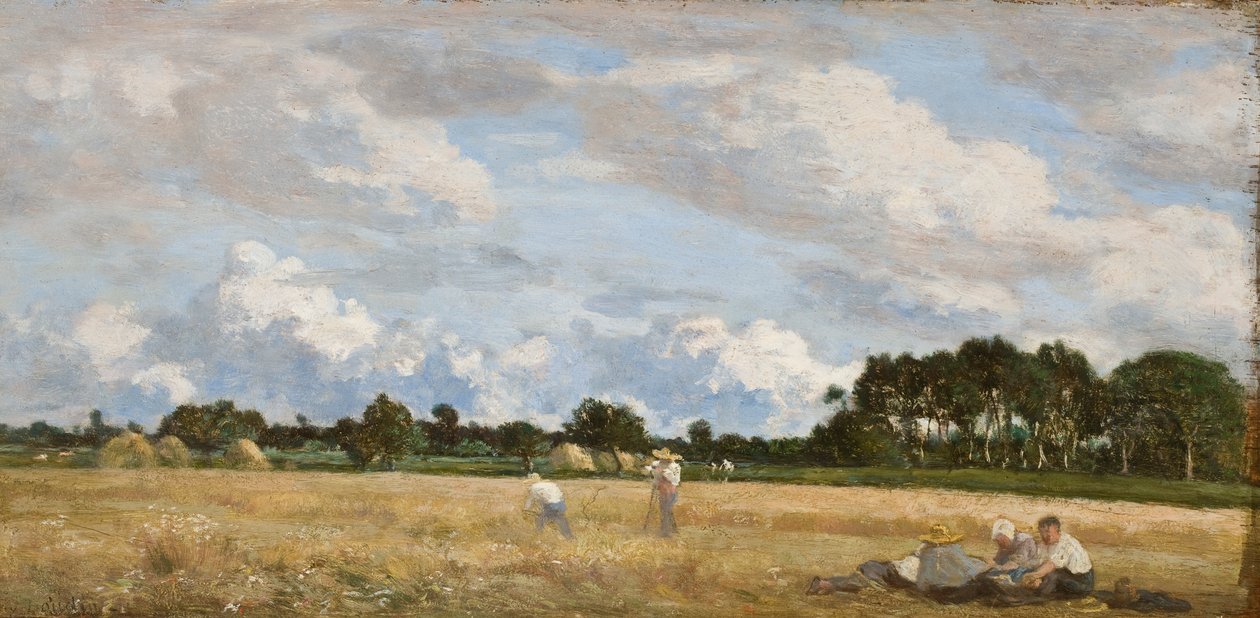 Saman yapma (Le Foins), c.1870-90 (meşe panel üzerinde yağ) by Eugene Louis Boudin
