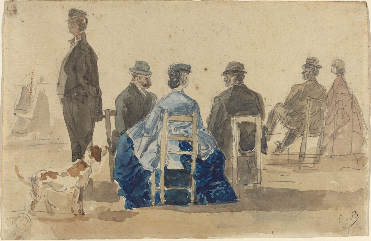 Sahilde Köpekle Oturan Bayanlar ve Baylar, 1866. by Eugene Louis Boudin