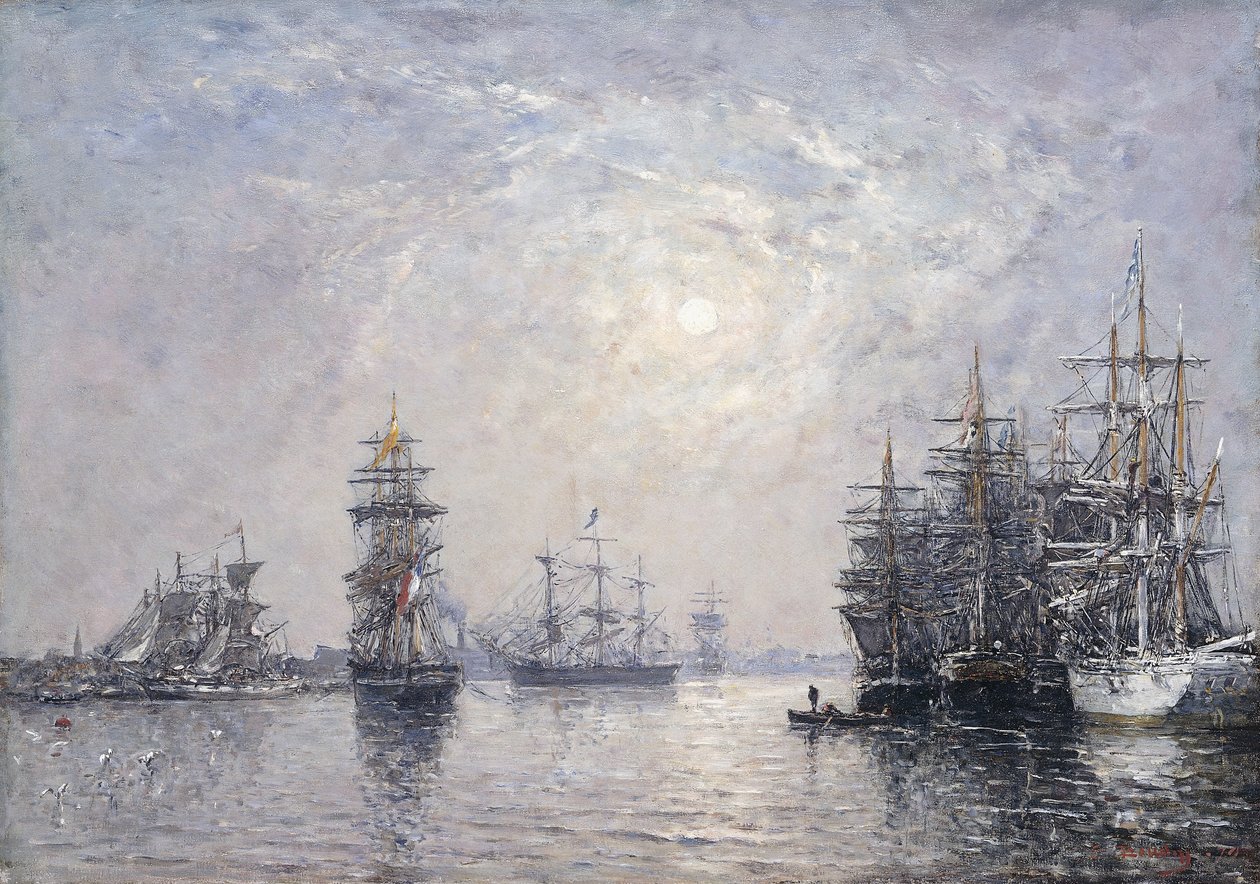 Le Havre, Eure Basin, Yelkenli Tekneler At Anchor, Gün Batımı; Le Havre, Eure Basin, Çapada Yelkenliler, Soleil Couchant, 1870 by Eugene Louis Boudin