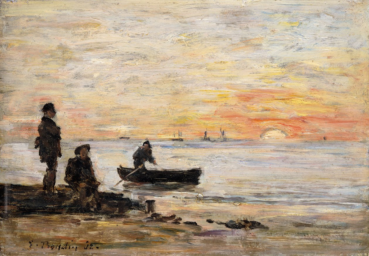 Alçak Gelgit - Gün Batımında Kıyı ve Balıkçılar; Maree Basse - Gün Batımında Sahil ve Balıkçılar, 1862 by Eugene Louis Boudin