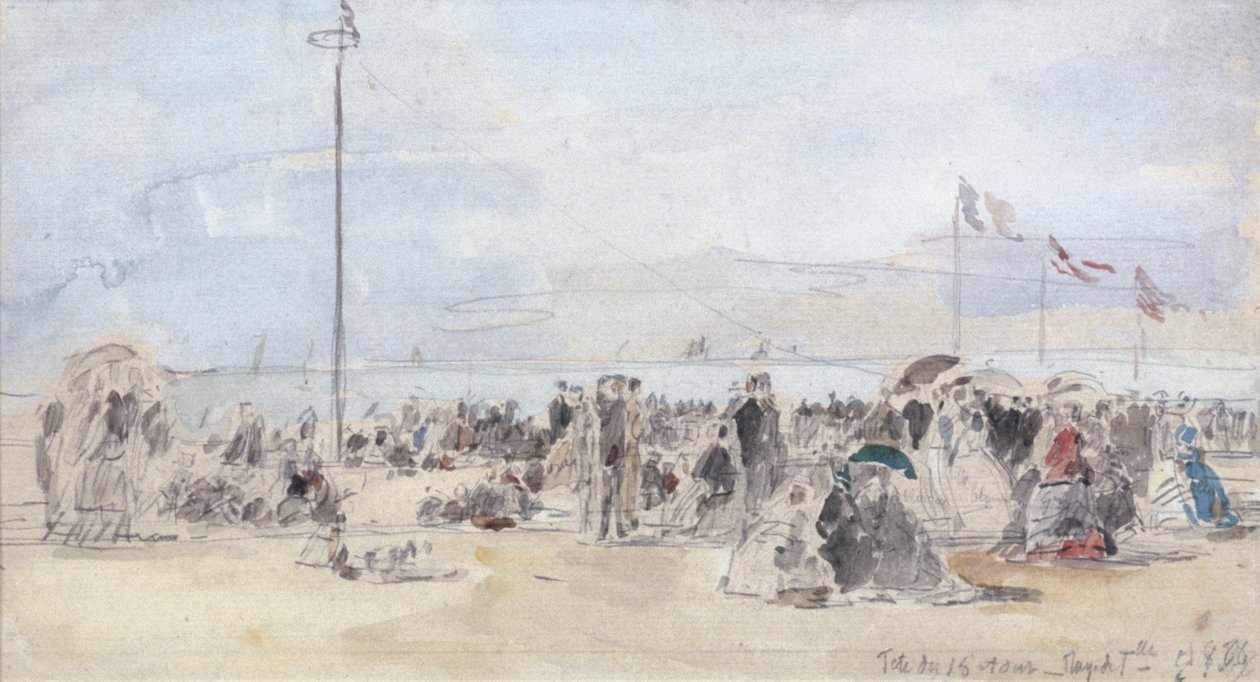 Sahildeki İnsanlar, Trouville, 1866 (kağıt üzerinde tuvalet ve grafit) by Eugene Louis Boudin
