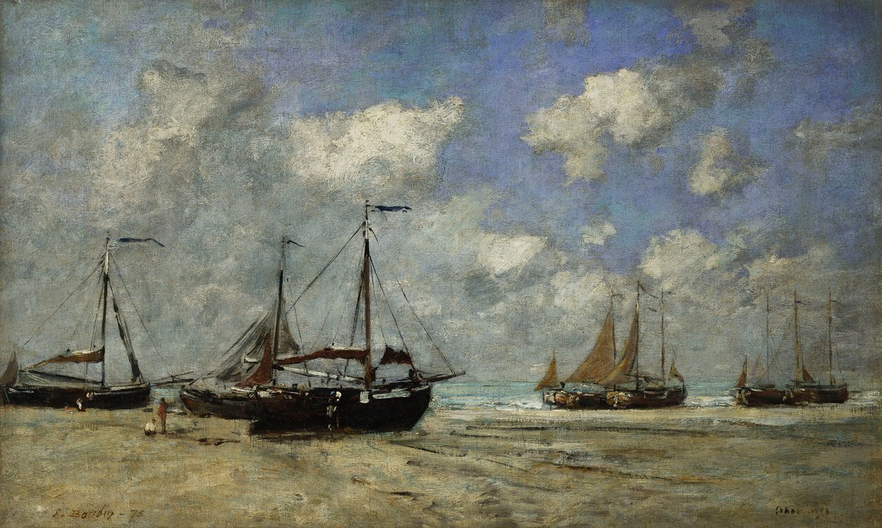 Scheveningen, Tekneler Kıyıda Karaya Çıkıyor; Scheveningen, Bateaux Echoues sur la Greve, 1875 by Eugene Louis Boudin