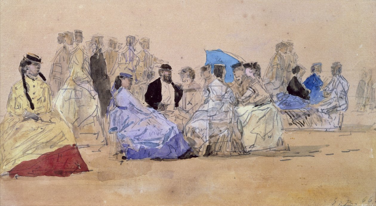 The Beach at Trouville, 1866 (kağıt üzerinde kalem ve tuvalet) by Eugene Louis Boudin
