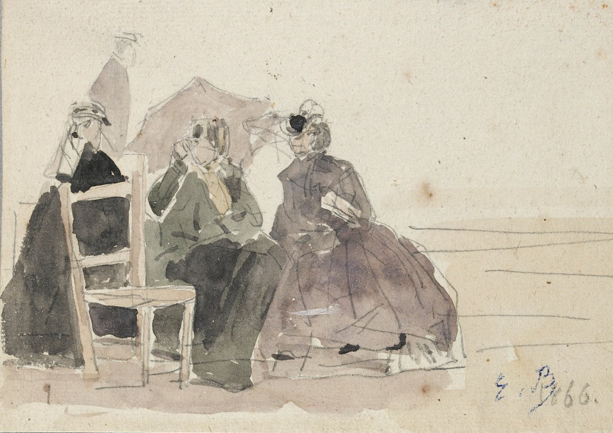 Bir Sahilde Sandalyelere Oturan Üç Kadın, 19. Yüzyılın Sonları by Eugene Louis Boudin