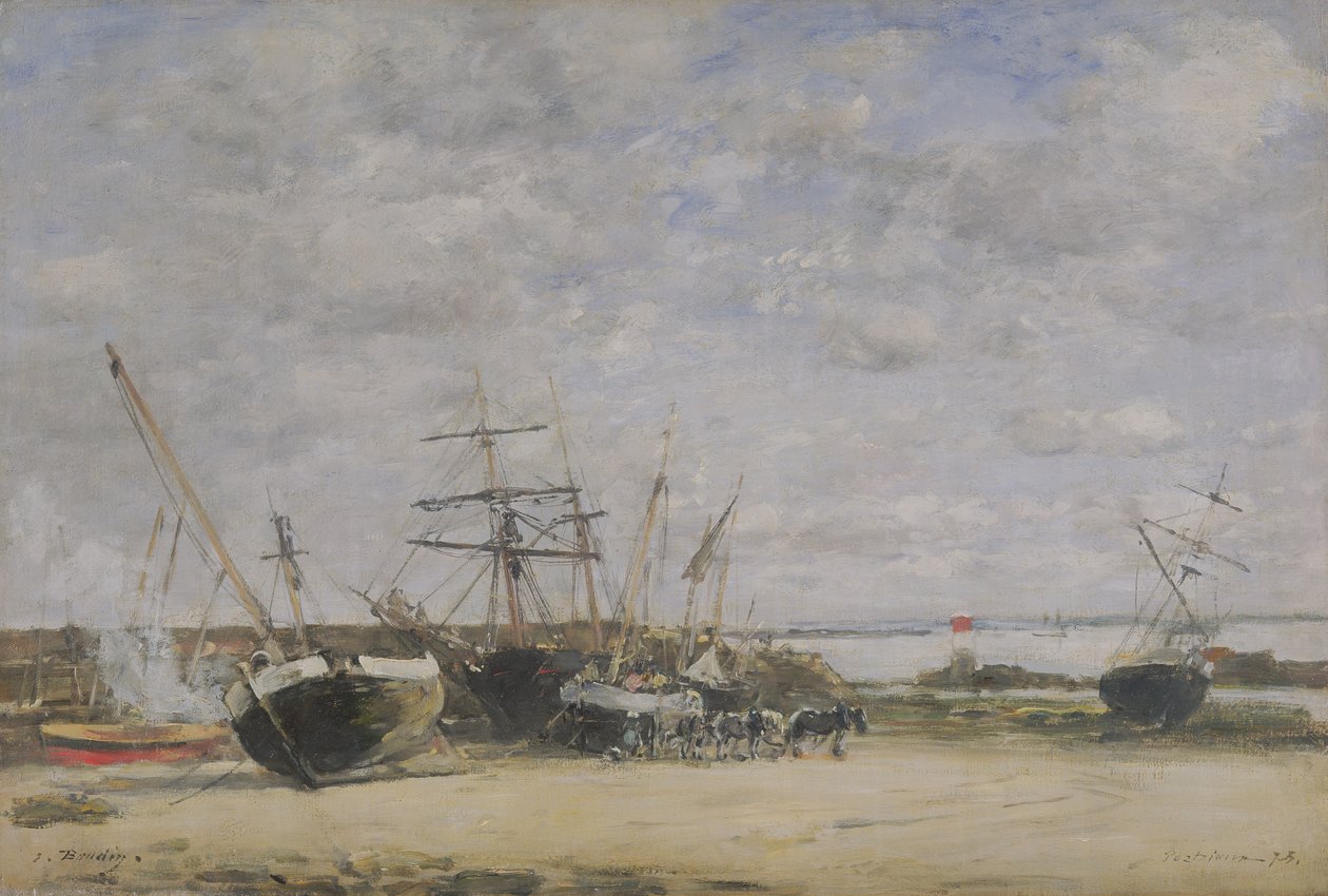 Kıyıdaki Gemiler ve Atlar by Eugene Louis Boudin