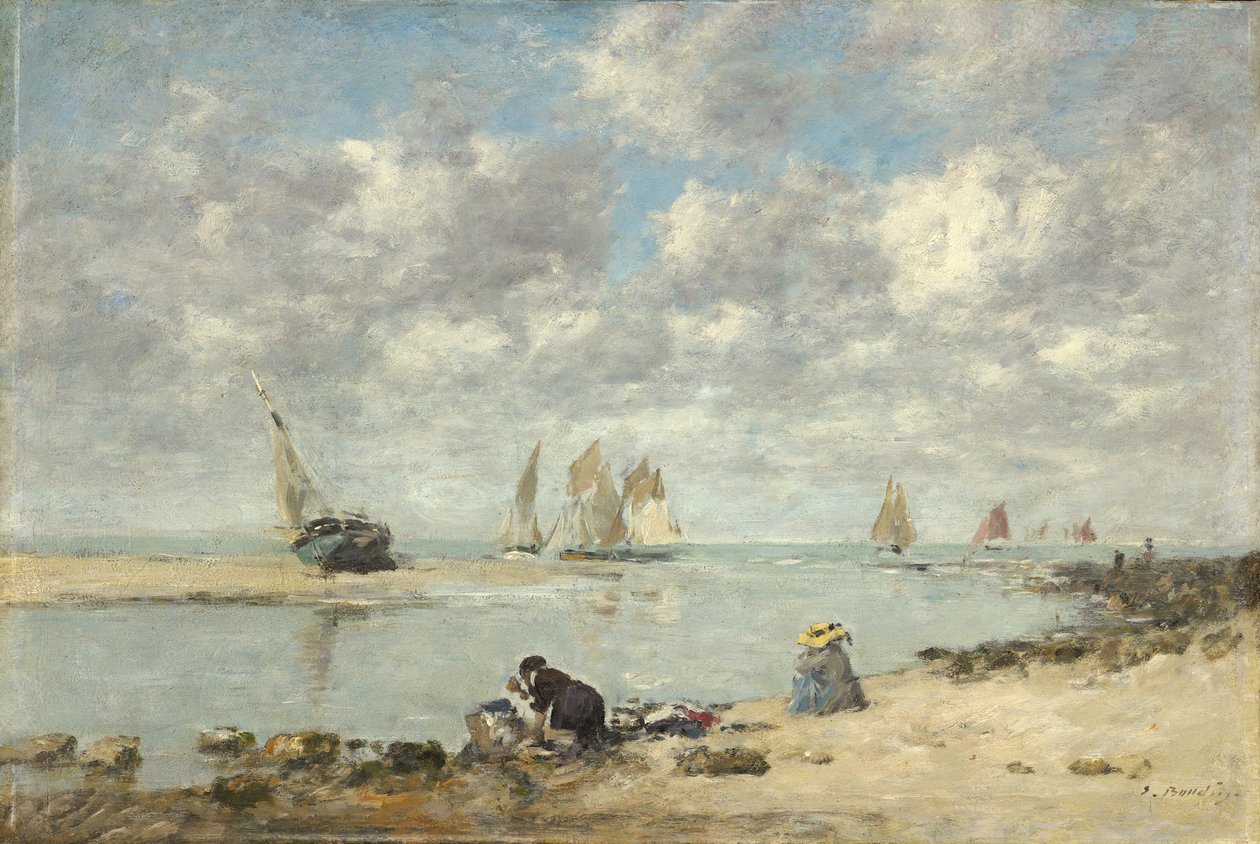 Trouville yakınlarındaki çamaşırcı, c.1872-6 (tahta üzerine yağlı boya) by Eugene Louis Boudin