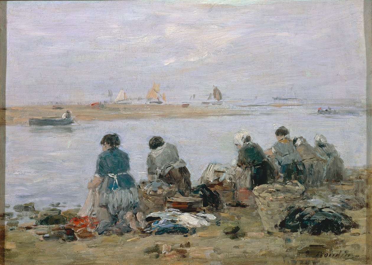 Eugene Boudin tarafından Trouville yakınlarındaki Touques Nehri kıyısındaki çamaşırcı kadınlar, resim by Eugene Louis Boudin
