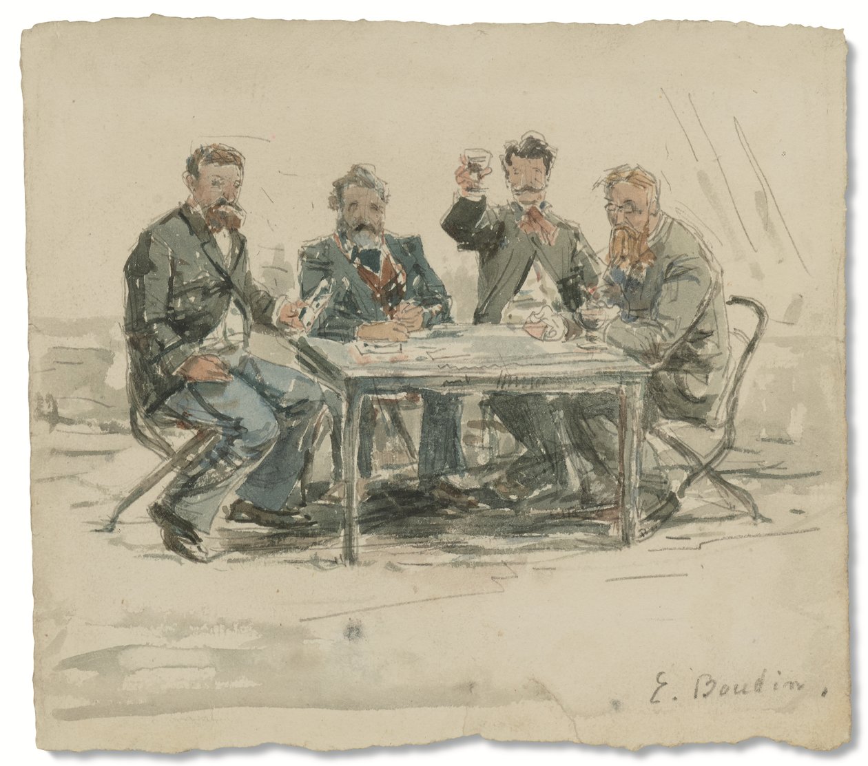 Saint-Siméon çiftliğinde (Jongkind, Émile van Marcke, Claude Monet ve 'Peder Achard'), c. 1867 (kağıt üzerine suluboya ve kurşun kalem) by Eugene Louis Boudin