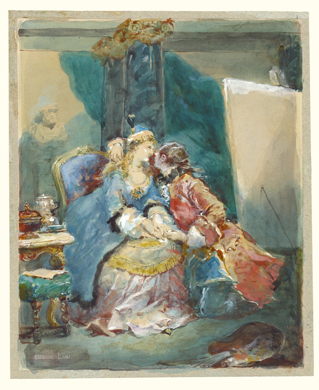 Sanatçı Stüdyosunda Kucaklaşan Bir Çift by Eugene-Louis Lami