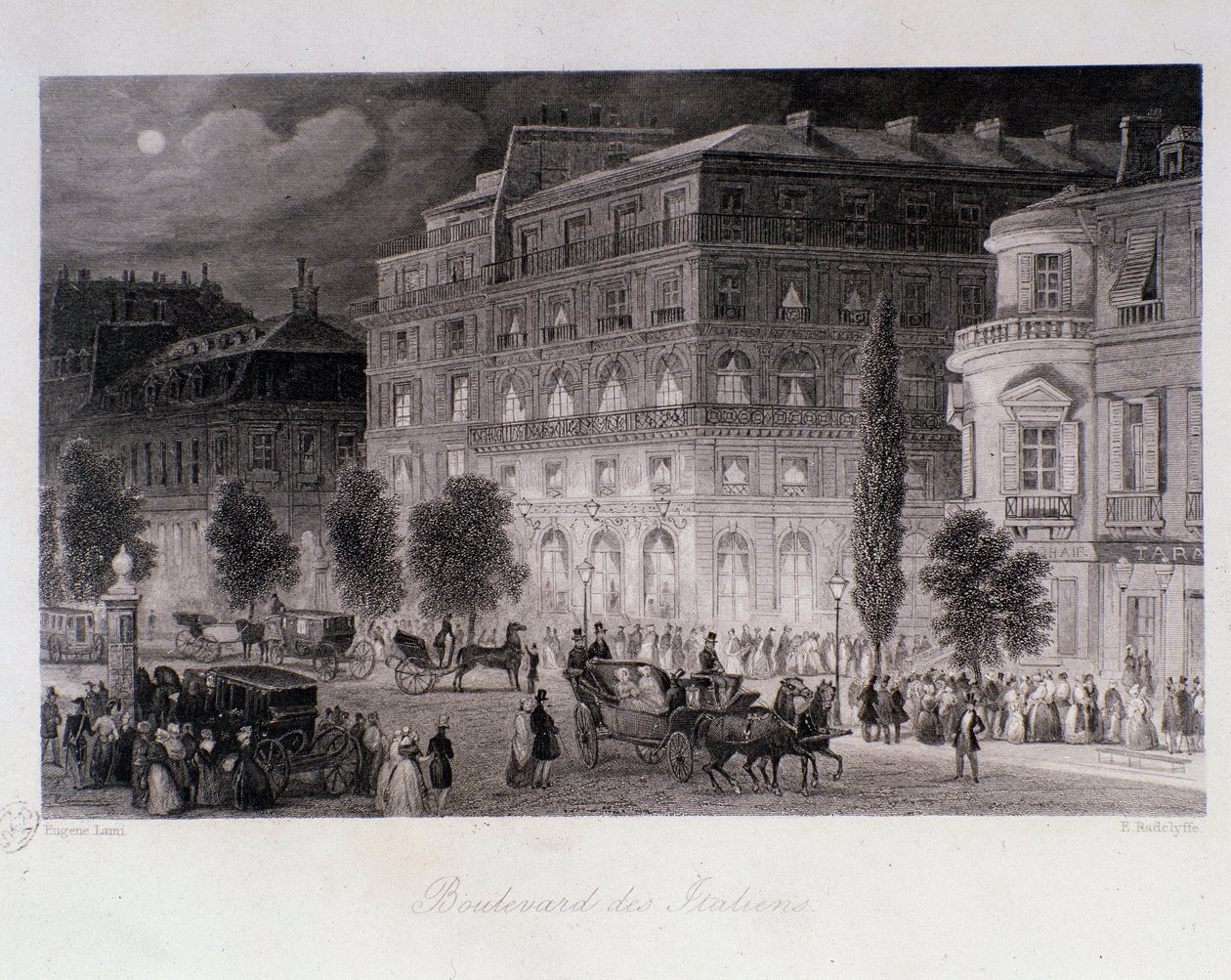 Paris'teki boulevard des Italians tiyatrolarının çevresinde animasyon. Gravür Eugene Louis Lami (1800-1890) 1843 Özel koleksiyon by Eugene Louis Lami
