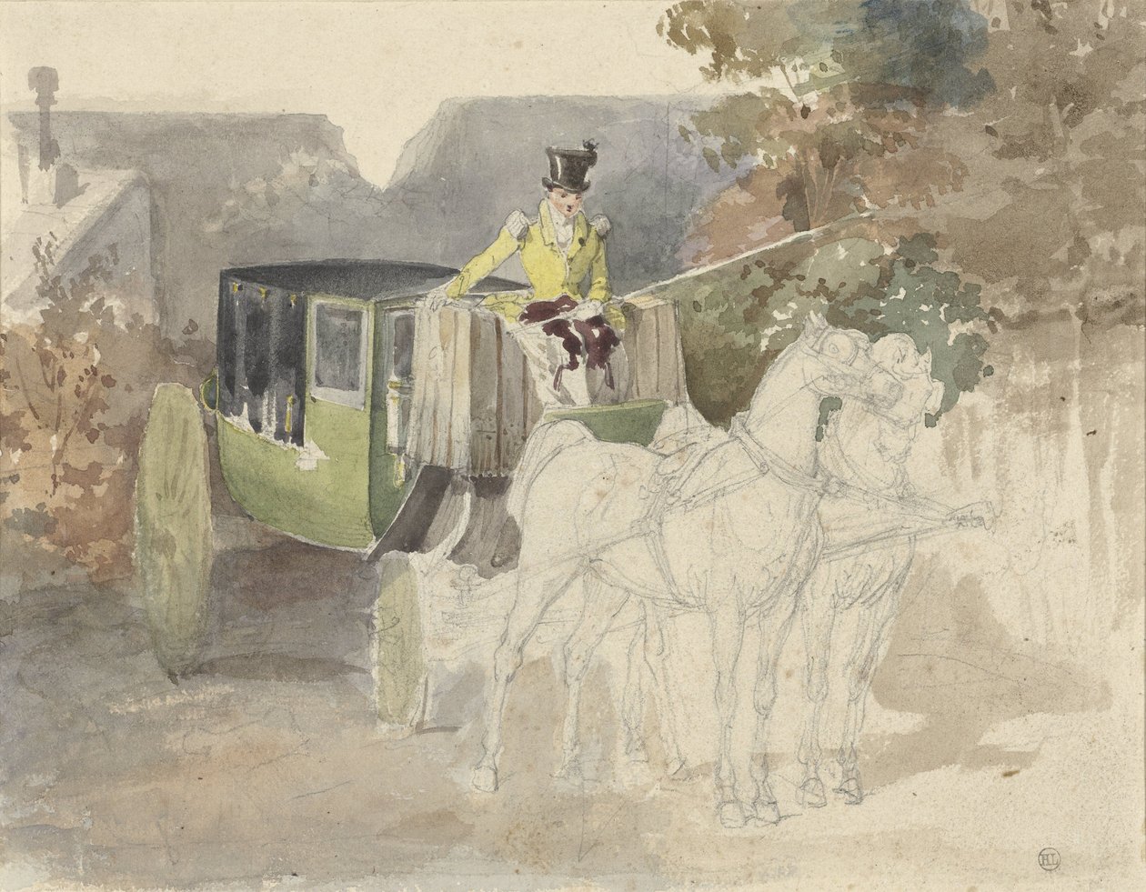 Ormanlık bir alanda iki atlı Coupé by Eugene Louis Lami