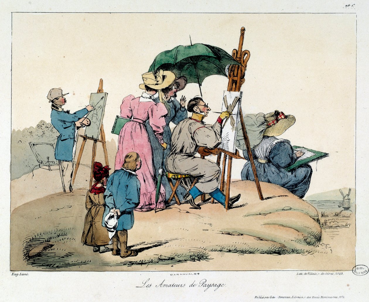 Manzara severler. Sunulan ressamlar bir deniz manzarasını boyamak için yeniden gruplar. La vie de chateau kitabının çizimi by Eugene Louis Lami