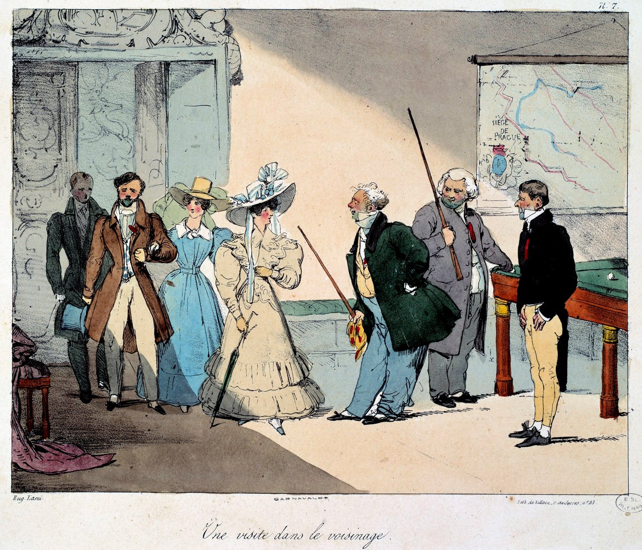 Kalede yaşam: mahalle ziyareti. Eugene Louis Lami (1800-1890) 1828 Paris, Musee Carnavalet tarafından bir çizimin litografisi by Eugene Louis Lami