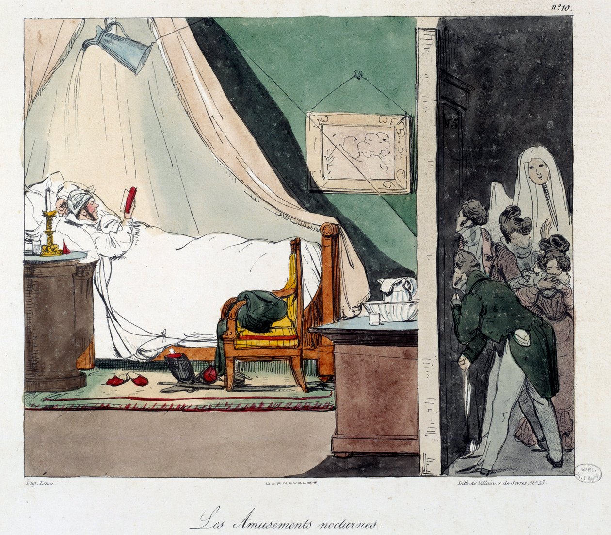 Gece eğlencesi. Çocuklar yatakta kitap okuyan bir insanı korkutmaktan korkarlar. “La vie de chateau” kitabının illüstrasyonu. Eugene Louis Lami
