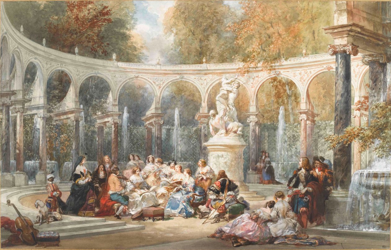 Versailles bahçesindeki Bosquet de la Colonnade'deki sosyete. by Eugene Louis Lami