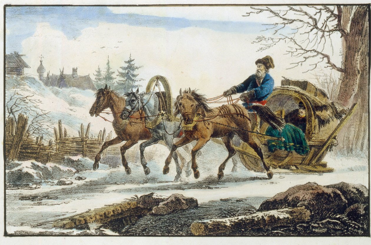 Yolcular için barınak bulunan atlı kızak. (Troyka Kibitka). Eugene Pluchard (1809-1880), litografi ve sulu boya çalışmaları by Eugéne Pluchart