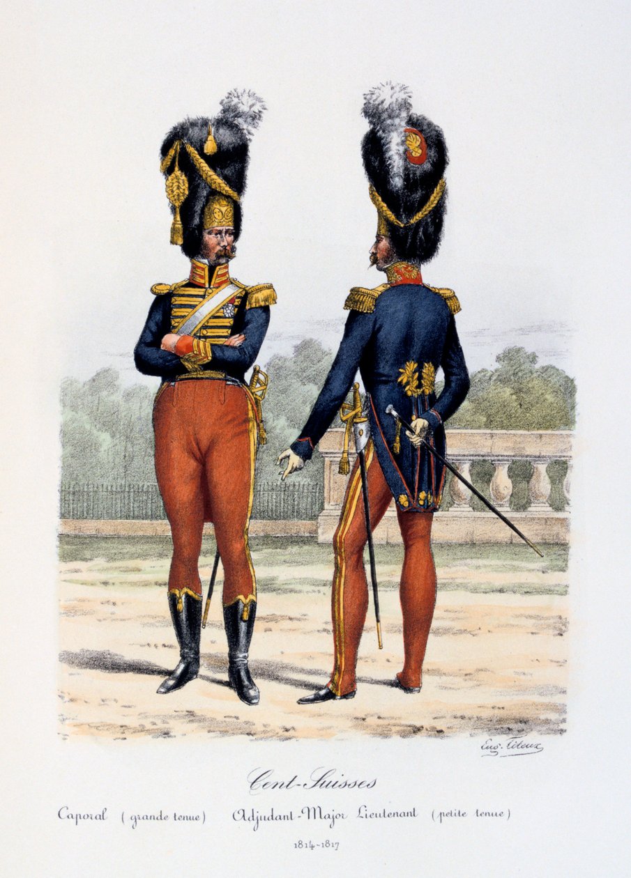 Cent-Suisses, Onbaşı tam elbise, Adjudant-Binbaşı Teğmen soyunma, 1814-17 by Eugene Titeux