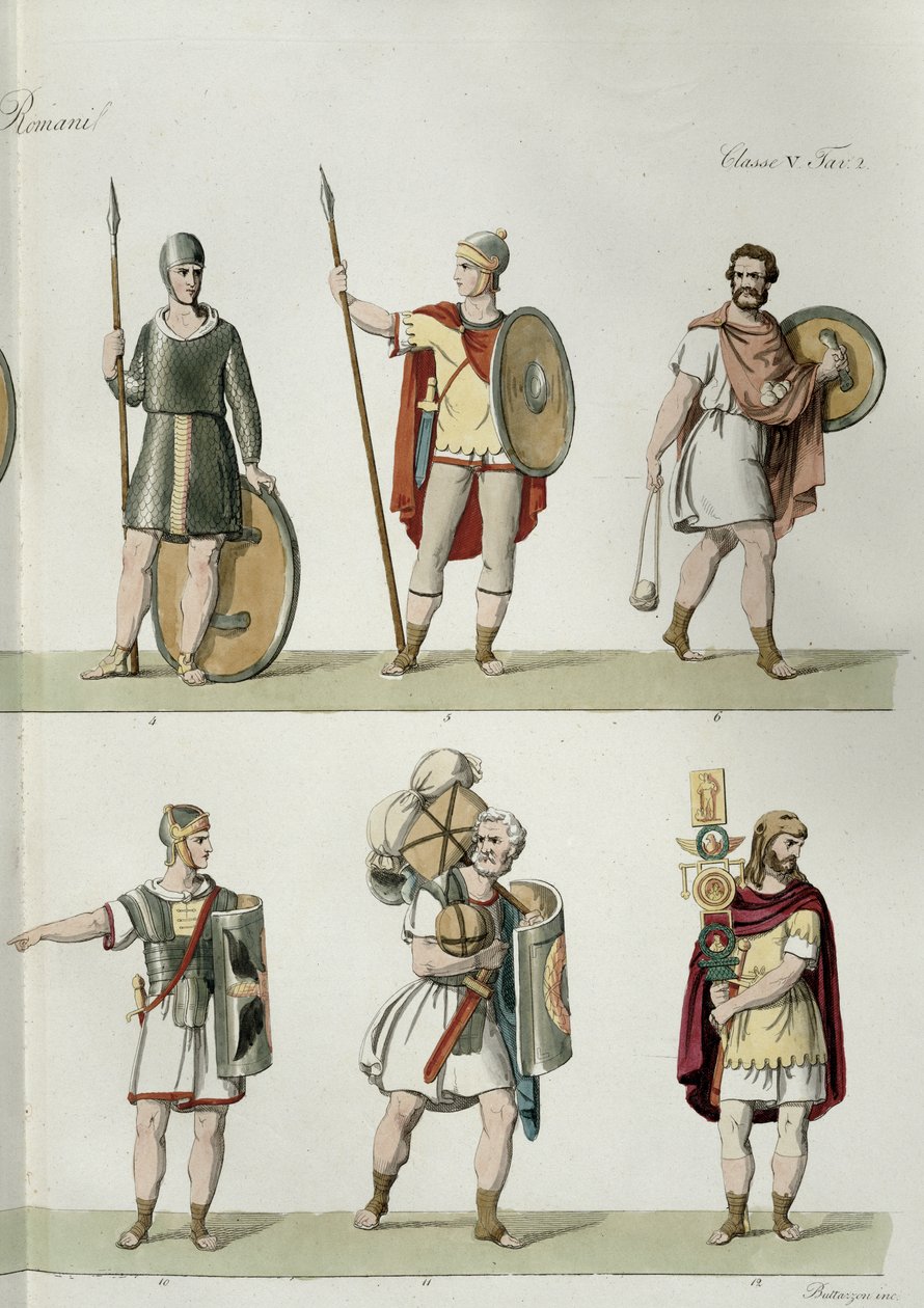 Romalı Askerler, Buttazon (aquatint) tarafından oyulmuş Uluslar Tarihinin I. Kısmının 2. sınıfı, 5. sınıfından detay, (ayrıca bkz. 93288) by Eugenio Bosa