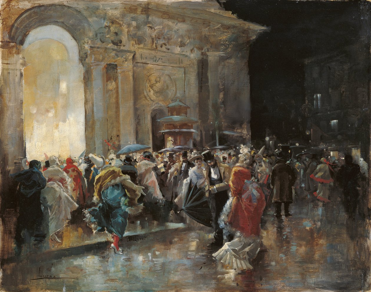 Bir Maskeli Balo Gecesinde Tiyatroya Gelmek - Lucas Villaamil, Eugenio (1858-1919) - c. 1895 - Ahşap üzerine yağlı boya - 31x40 - Museo Carmen Thyssen, Malaga by Eugenio Lucas Villaamil