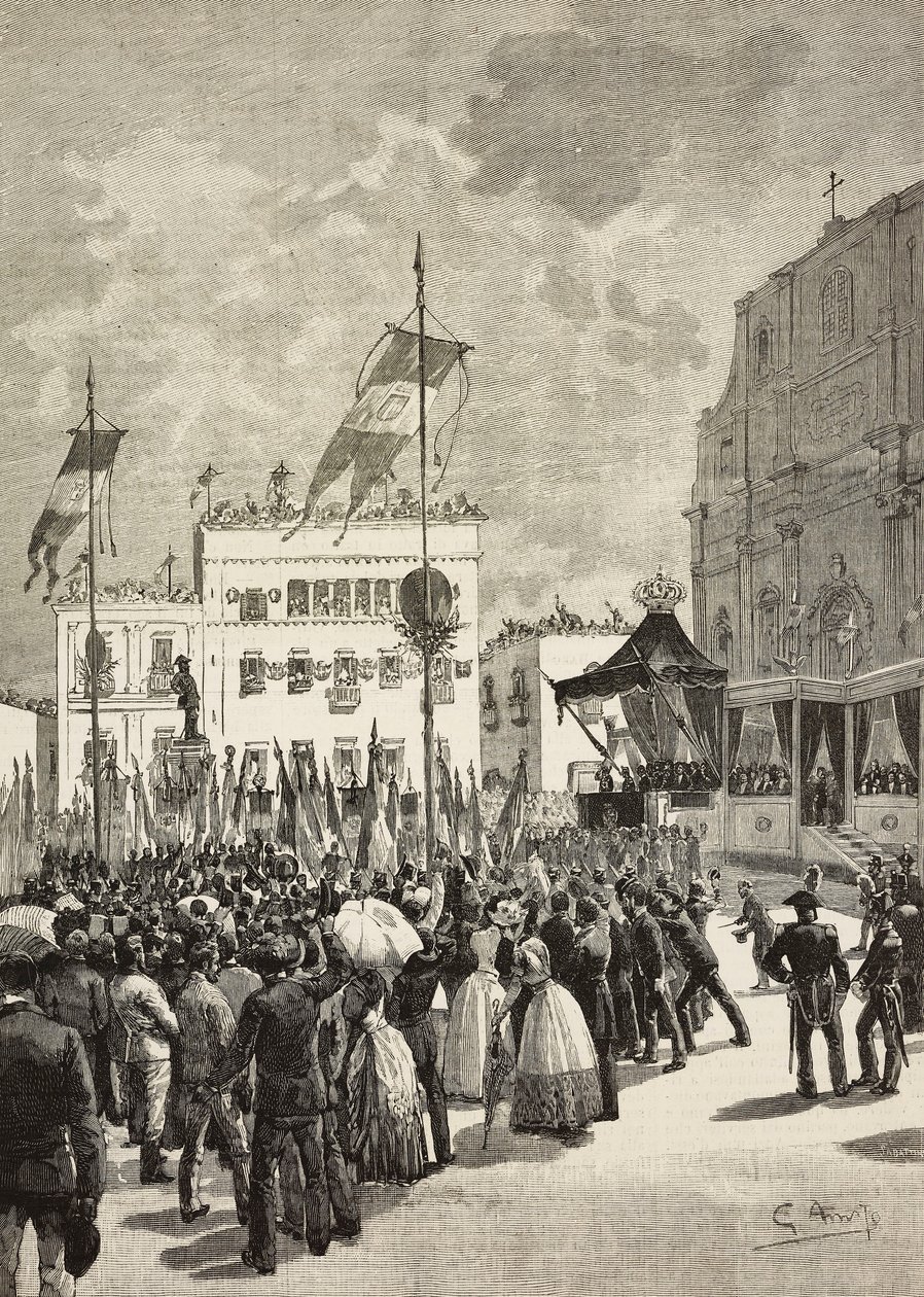 İtalya Kralı I. Umberto'nun (1844-1900) huzurunda, İtalya'nın ilk Kralı II. Victor Emmanuel II'ye (1820-1878) ait anıtın açılışı, Eugenio Maccagnani'nin (1852-1930) heykeli, Lecce, İtalya by Eugenio Maccagnani