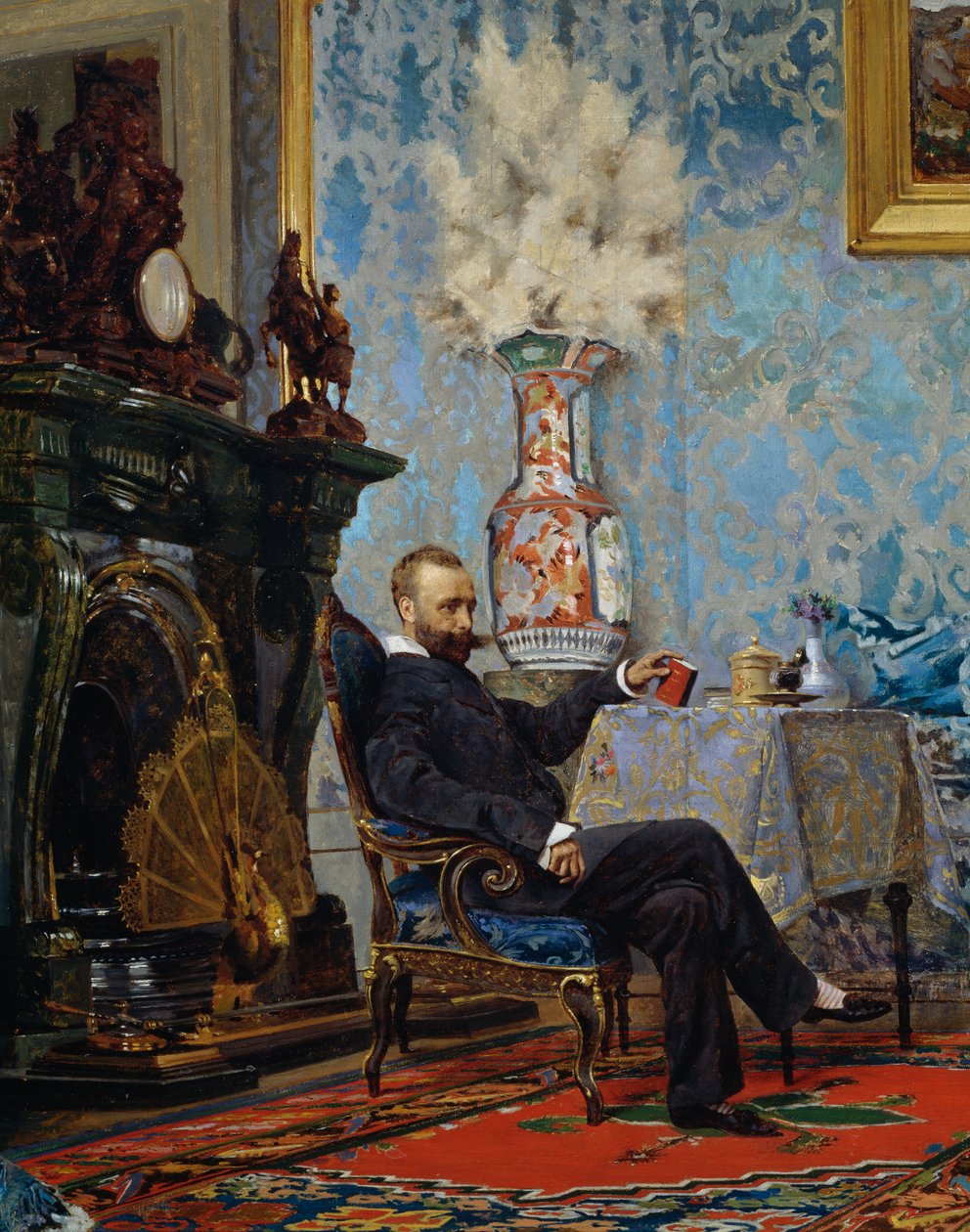 Peter Fabricci oturma odasında oturuyor, Fabricci ailesinden detay, yaklaşık 1880, Eugene Scomparini (1845-1913), tuval üzerine yağlı boya, 68x187 cm, İtalya by Eugenio Scomparini