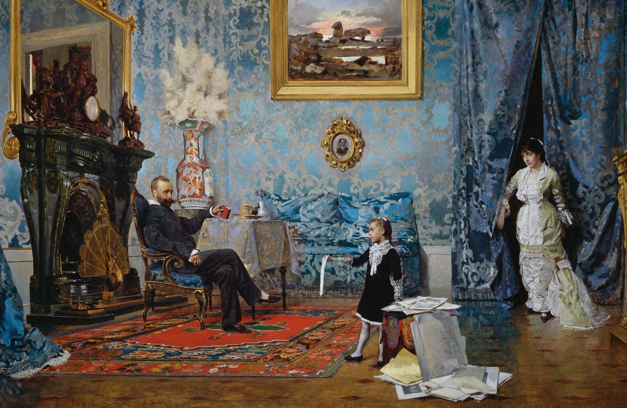 Fabricci ailesi, yaklaşık 1880, Eugenio Scomparini (1845-1913), tuval üzerine yağlı boya, 68x187 cm, İtalya by Eugenio Scomparini