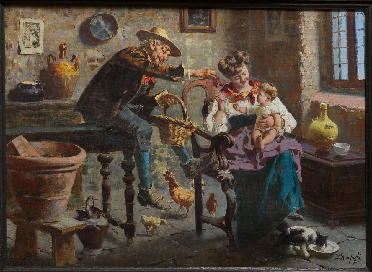 Bir Erkek, Bir Kadın ve Bir Kız Bebekle Sahne (tuval üzerine yağlı boya) by Eugenio Zampighi